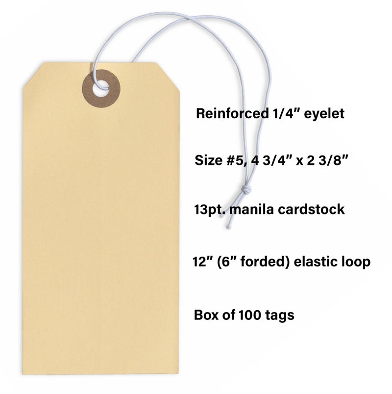 EZDOM Tags with Elastic String Attached - #5, 4 3/4" x 2 3/8" Box of 100 Manila Paper Label Tags with Elastic Loop and Reinforced Hole - Image 3